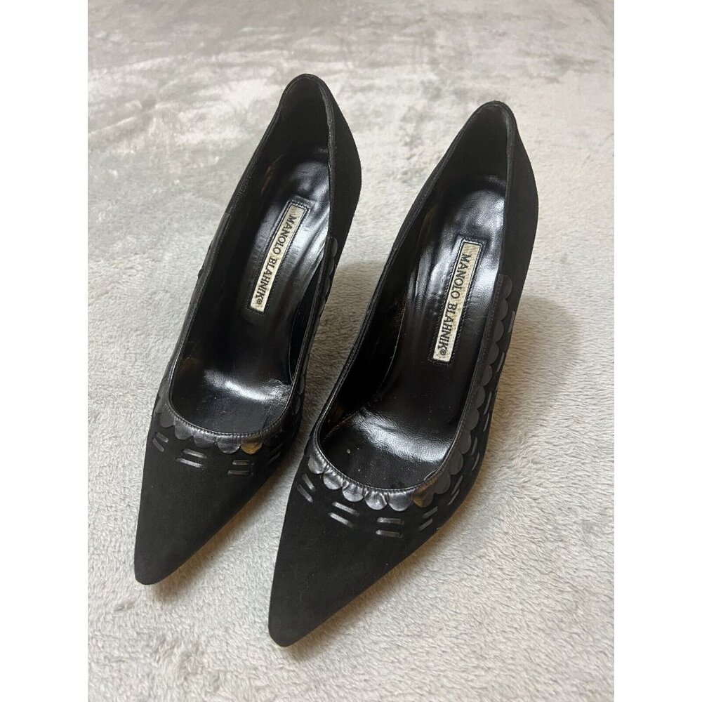 Vtg Manolo Blahnik Suede Pumps Black‎ Stiletto Pointed Toe Heels Women’s Size 36